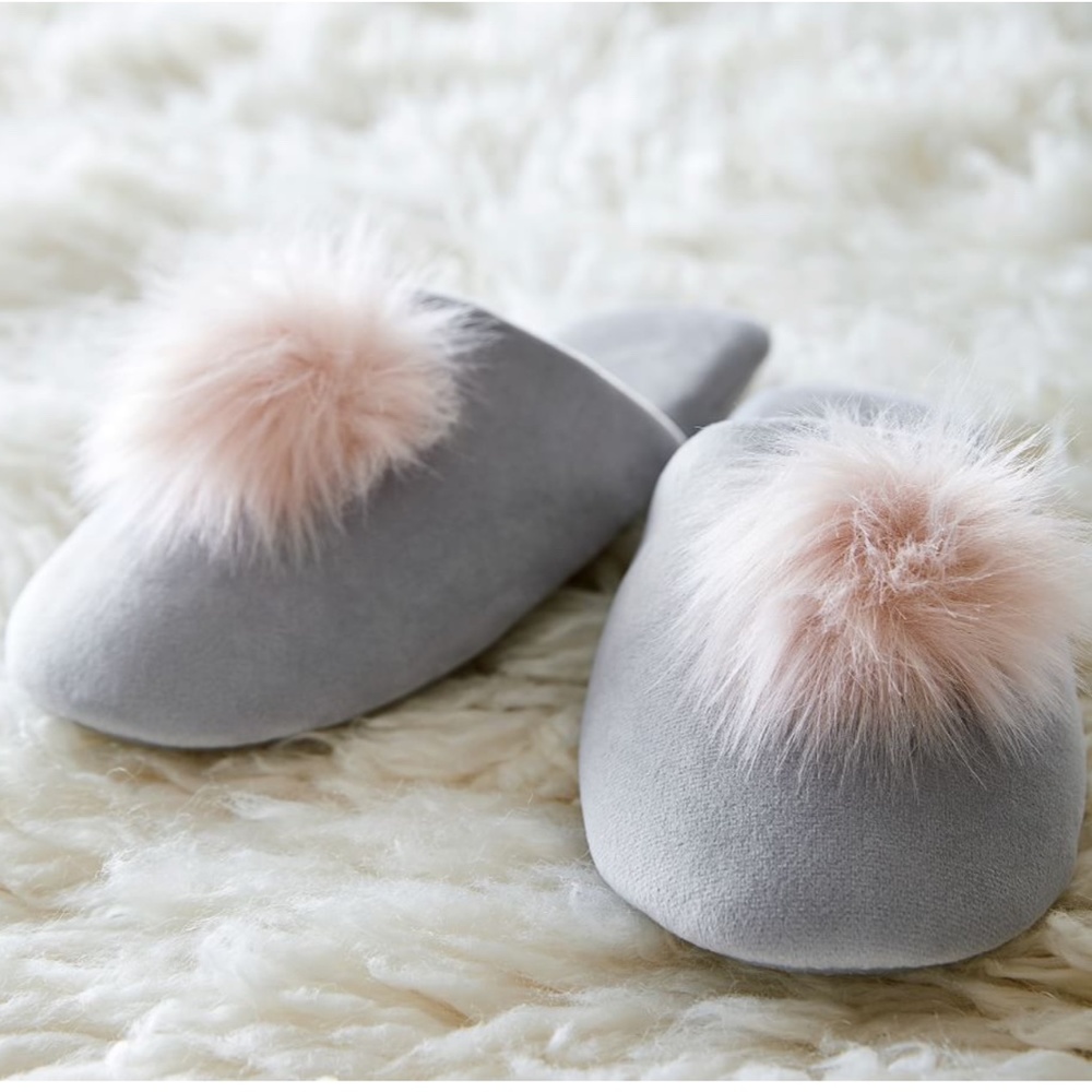 Pottery Barn Velvet Pom Pom Slippers in Grey Large - Picture 2 of 4